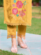 Hand & Machine Embroidered Kurta With Pant & Embroidered Dupatta, Yellow - Hiral Fashion | Grocsy
