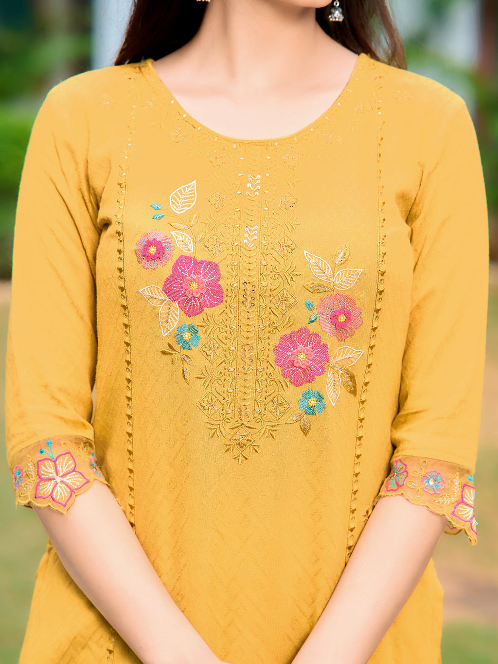Hand & Machine Embroidered Kurta With Pant & Embroidered Dupatta, Yellow - Hiral Fashion | Grocsy