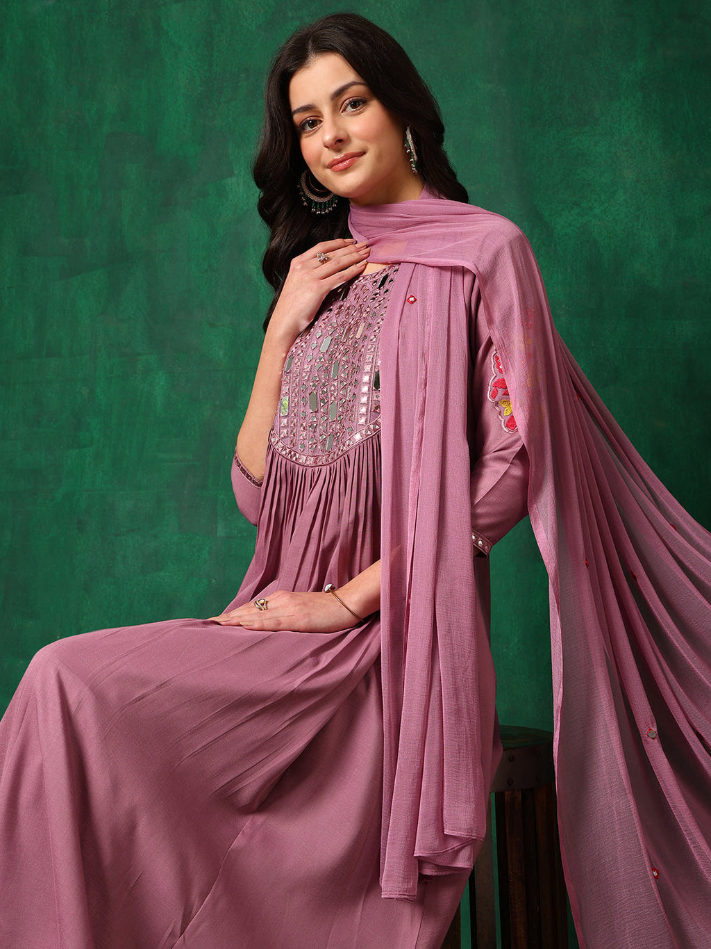 Mirror Embroidered Kurta With Pant & Embroidered Dupatta, Lavender - Hiral Fashion | Grocsy