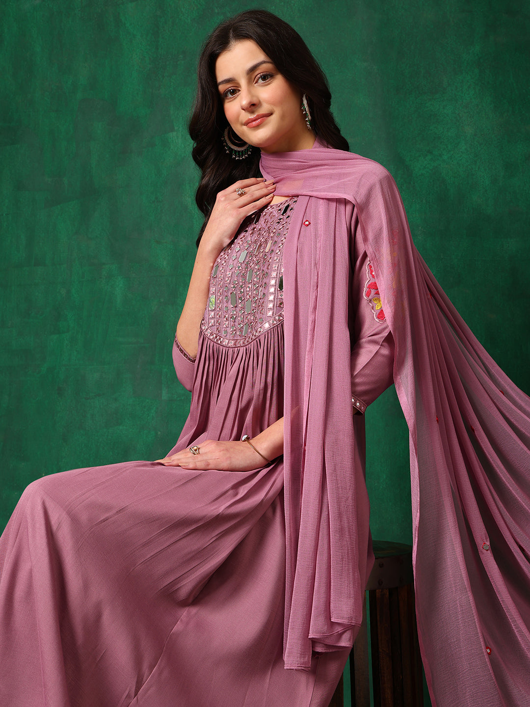 Mirror Embroidered Kurta With Pant & Embroidered Dupatta, Lavender - Hiral Fashion | Grocsy