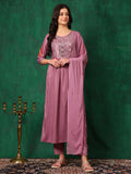 Mirror Embroidered Kurta With Pant & Embroidered Dupatta, Lavender - Hiral Fashion | Grocsy