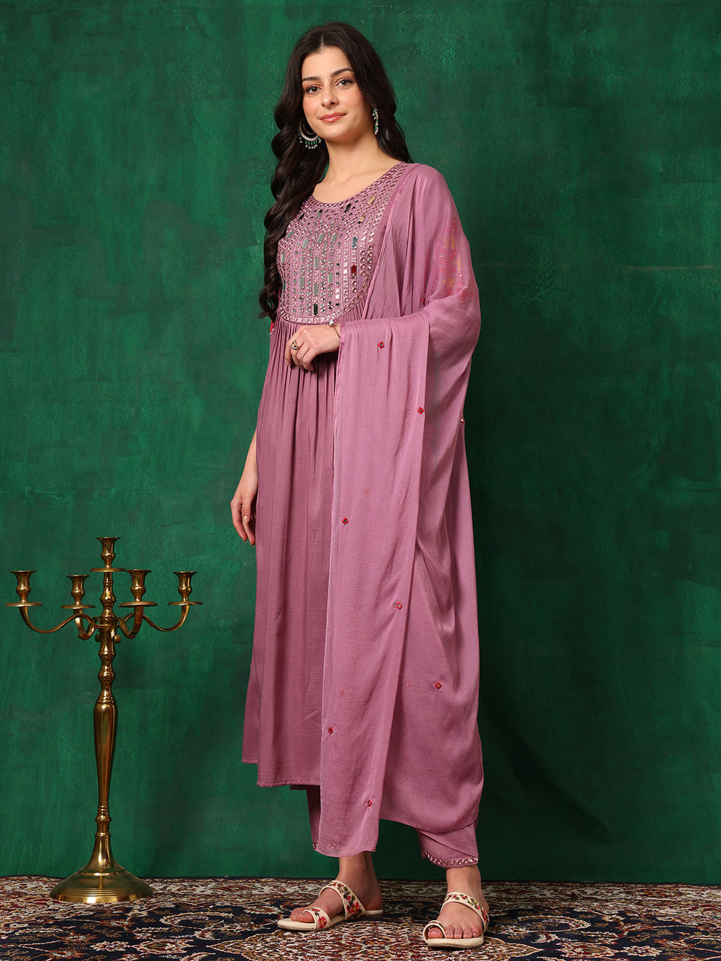 Mirror Embroidered Kurta With Pant & Embroidered Dupatta, Lavender - Hiral Fashion | Grocsy