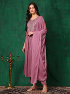 Mirror Embroidered Kurta With Pant & Embroidered Dupatta, Lavender - Hiral Fashion | Grocsy