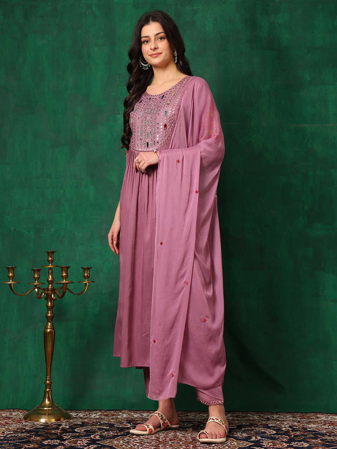 Mirror Embroidered Kurta With Pant & Embroidered Dupatta, Lavender - Hiral Fashion | Grocsy