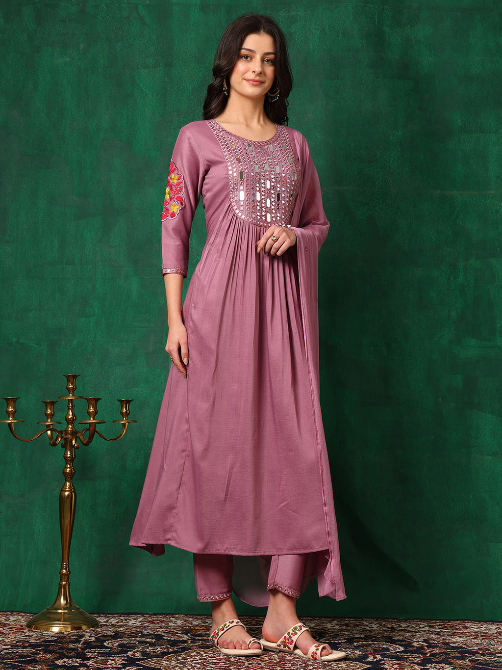 Mirror Embroidered Kurta With Pant & Embroidered Dupatta, Lavender - Hiral Fashion | Grocsy
