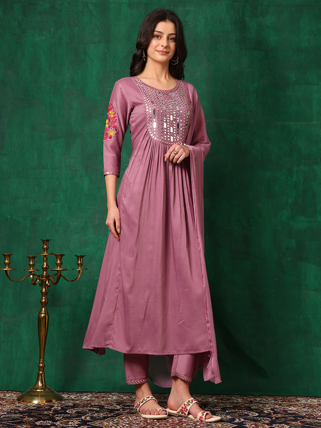 Mirror Embroidered Kurta With Pant & Embroidered Dupatta, Lavender - Hiral Fashion | Grocsy
