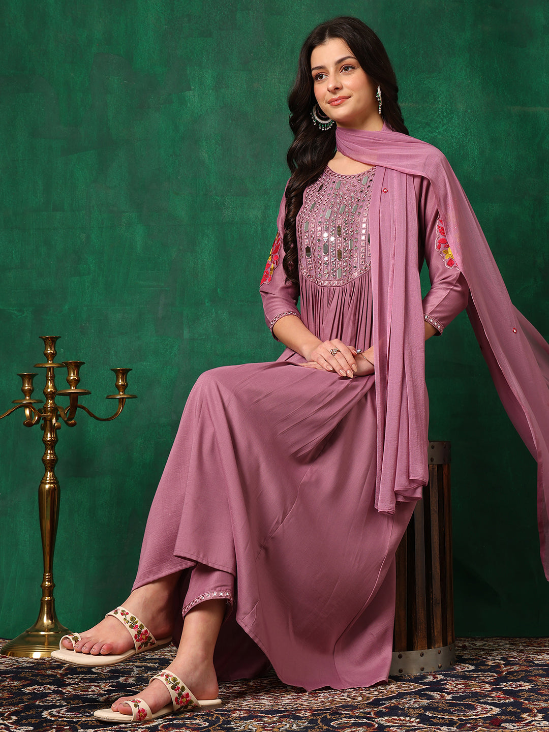Mirror Embroidered Kurta With Pant & Embroidered Dupatta, Lavender - Hiral Fashion | Grocsy