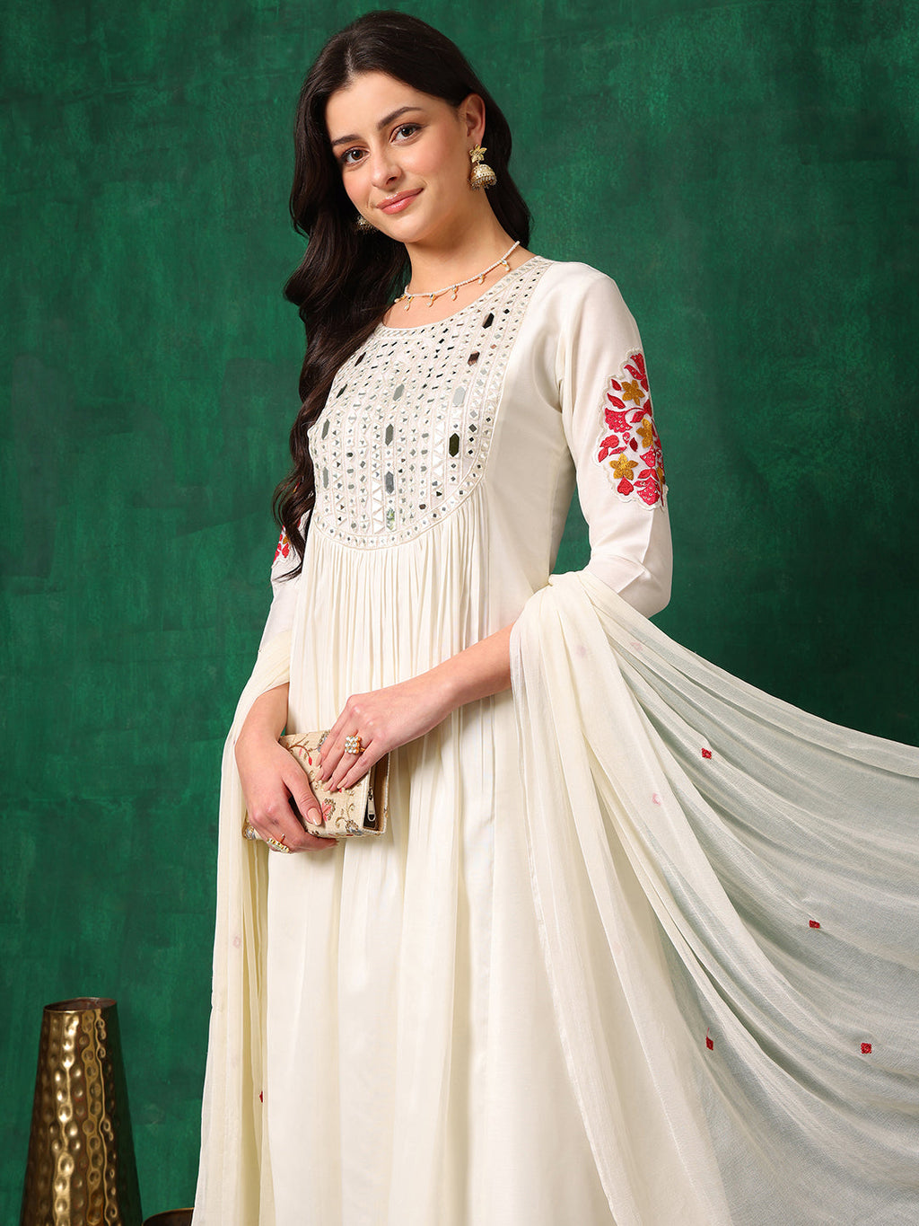 Mirror Embroidered Kurta With Pant & Embroidered Dupatta, White - Hiral Fashion | Grocsy