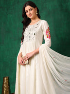 Mirror Embroidered Kurta With Pant & Embroidered Dupatta, White - Hiral Fashion | Grocsy