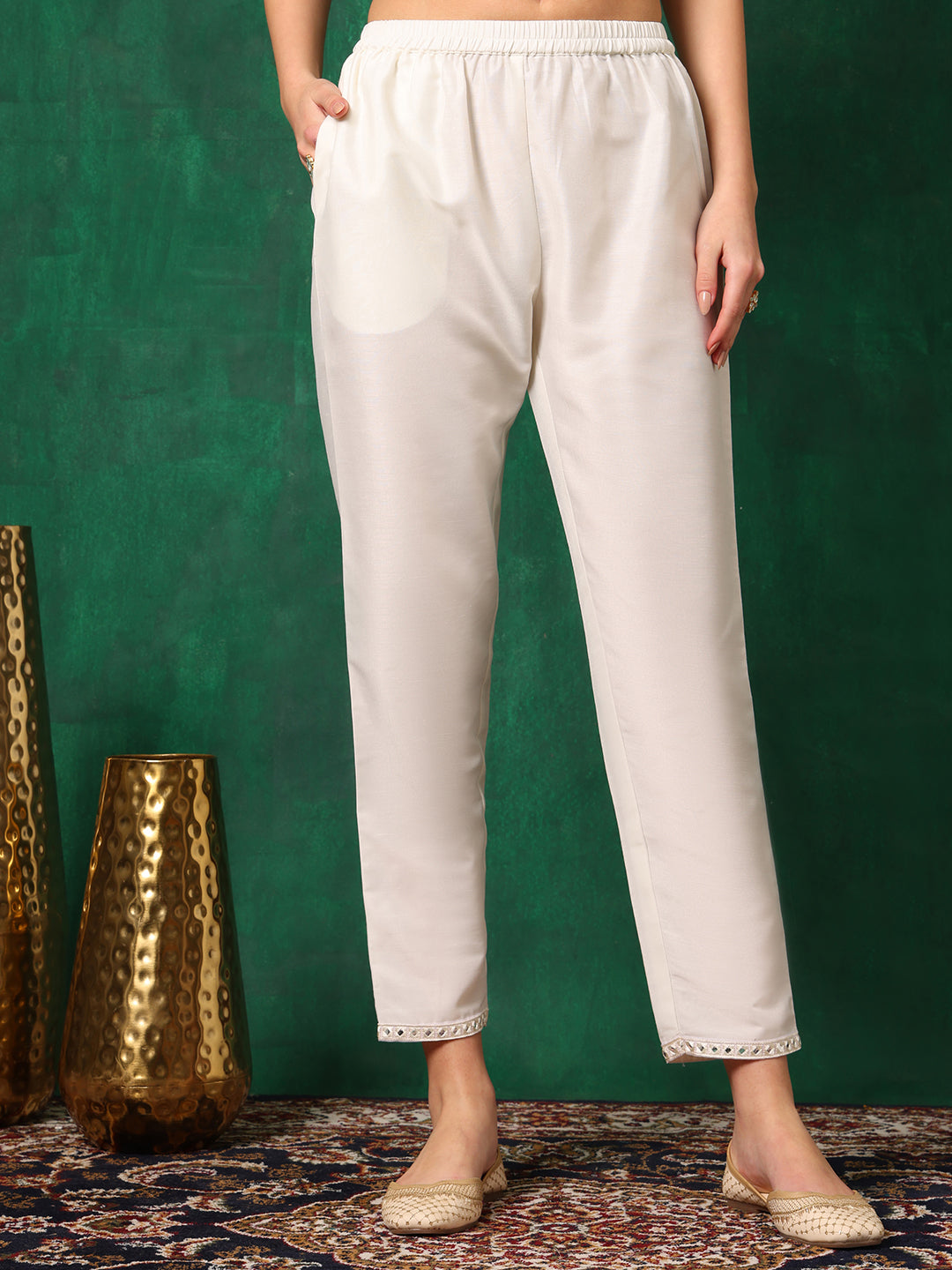 Mirror Embroidered Kurta With Pant & Embroidered Dupatta, White - Hiral Fashion | Grocsy