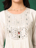 Mirror Embroidered Kurta With Pant & Embroidered Dupatta, White - Hiral Fashion | Grocsy