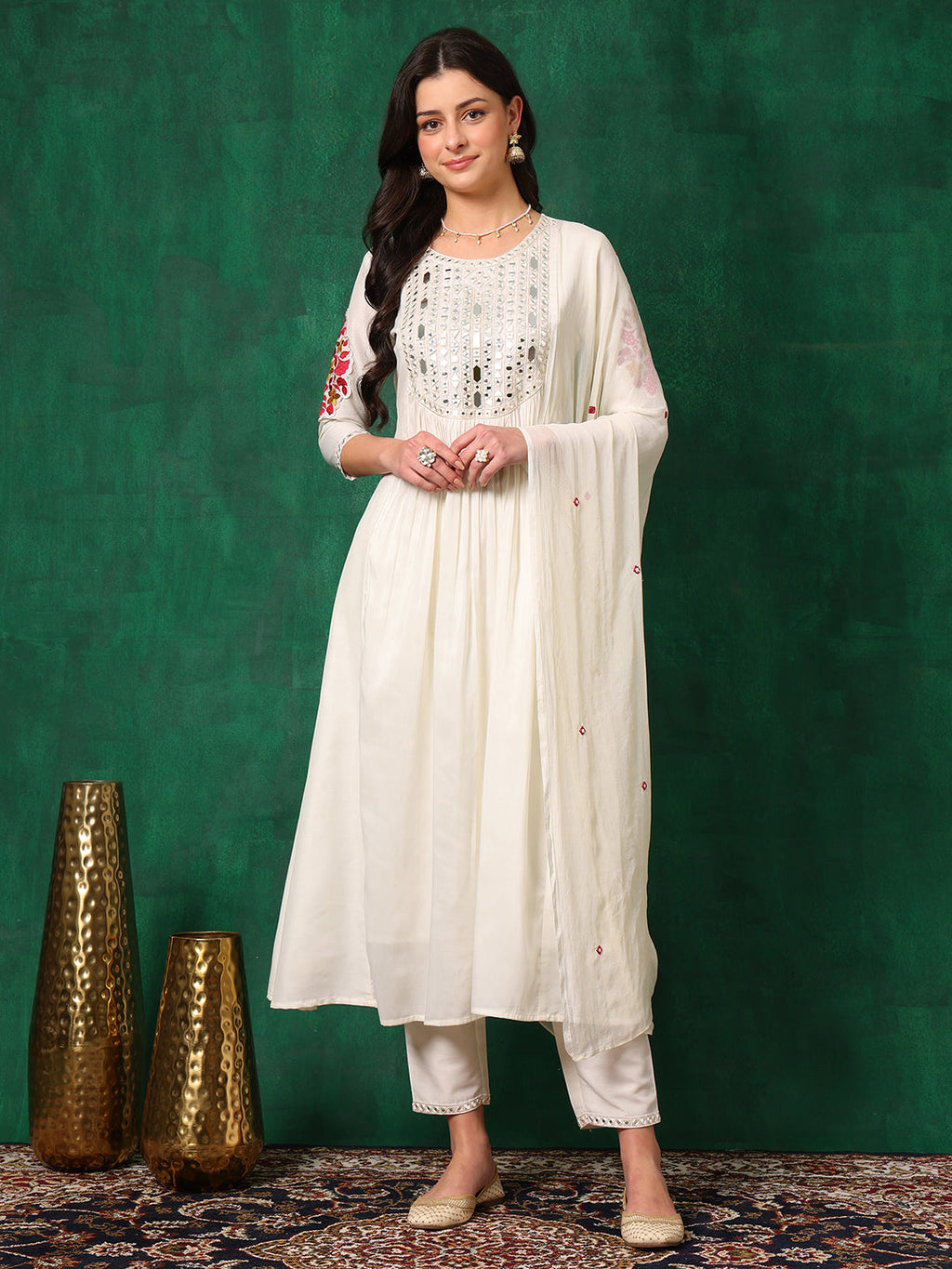 Mirror Embroidered Kurta With Pant & Embroidered Dupatta, White - Hiral Fashion | Grocsy