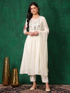 Mirror Embroidered Kurta With Pant & Embroidered Dupatta, White - Hiral Fashion | Grocsy