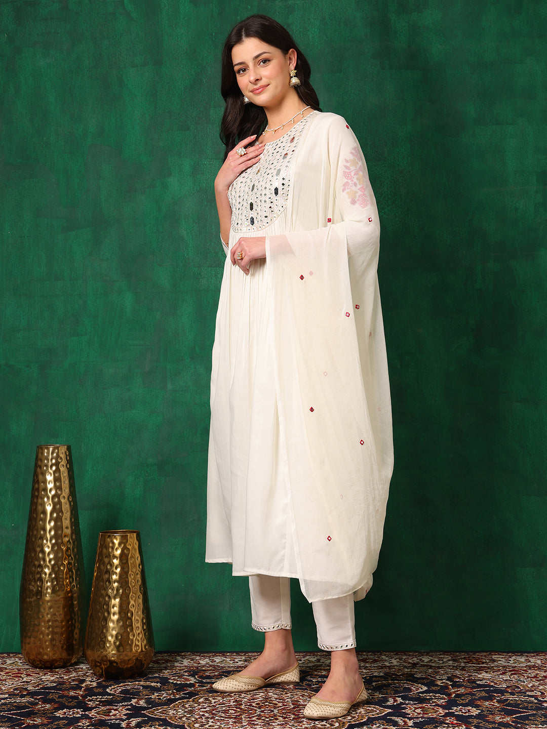 Mirror Embroidered Kurta With Pant & Embroidered Dupatta, White - Hiral Fashion | Grocsy