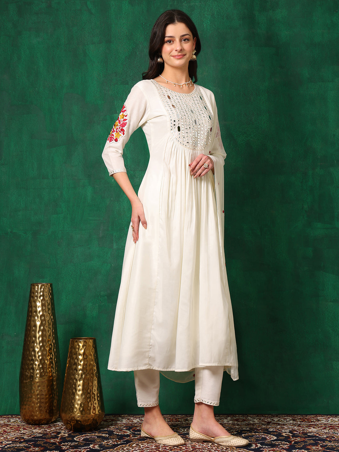 Mirror Embroidered Kurta With Pant & Embroidered Dupatta, White - Hiral Fashion | Grocsy