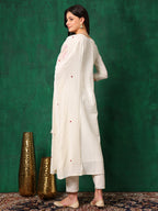 Mirror Embroidered Kurta With Pant & Embroidered Dupatta, White - Hiral Fashion | Grocsy