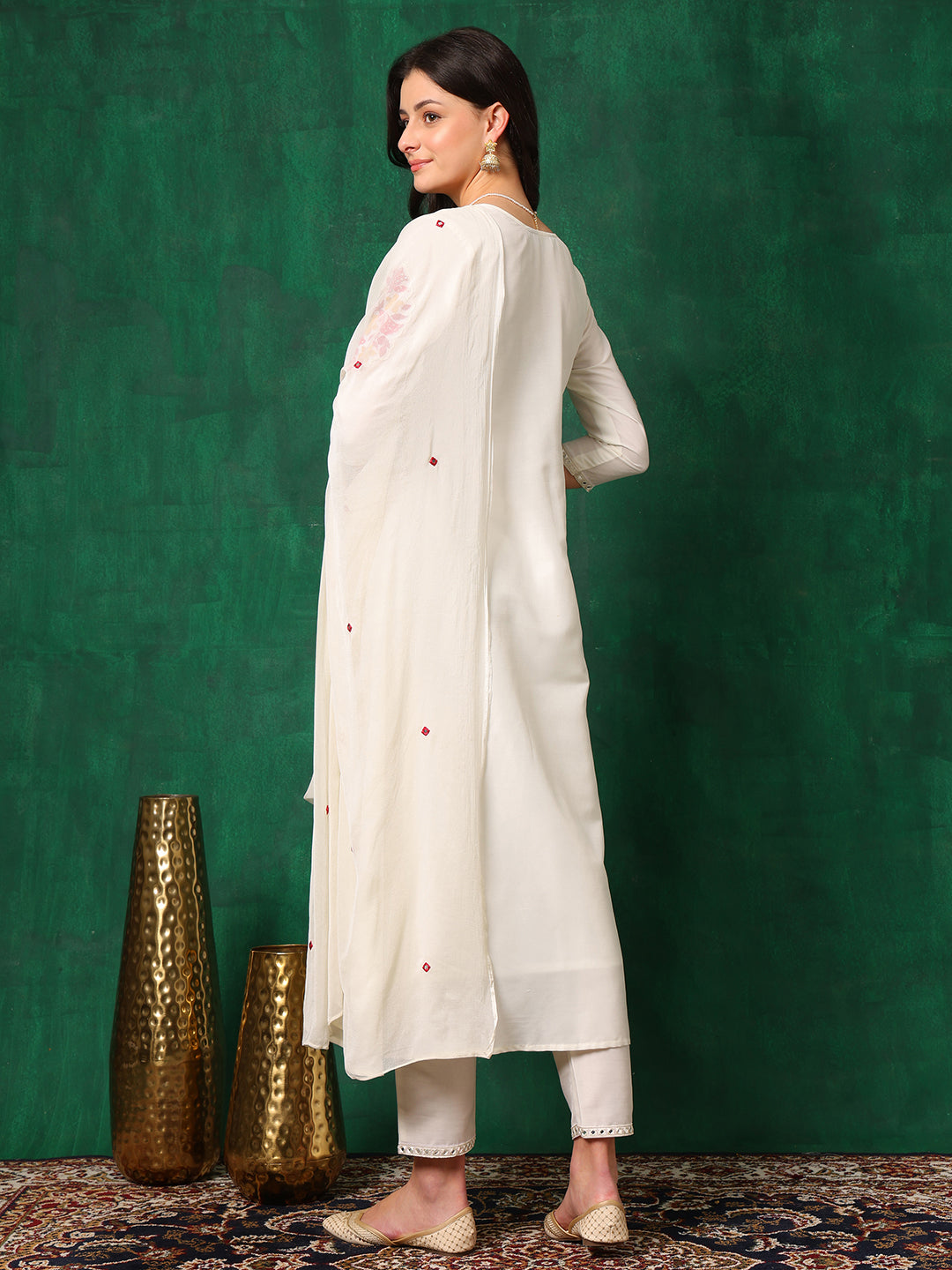 Mirror Embroidered Kurta With Pant & Embroidered Dupatta, White - Hiral Fashion | Grocsy