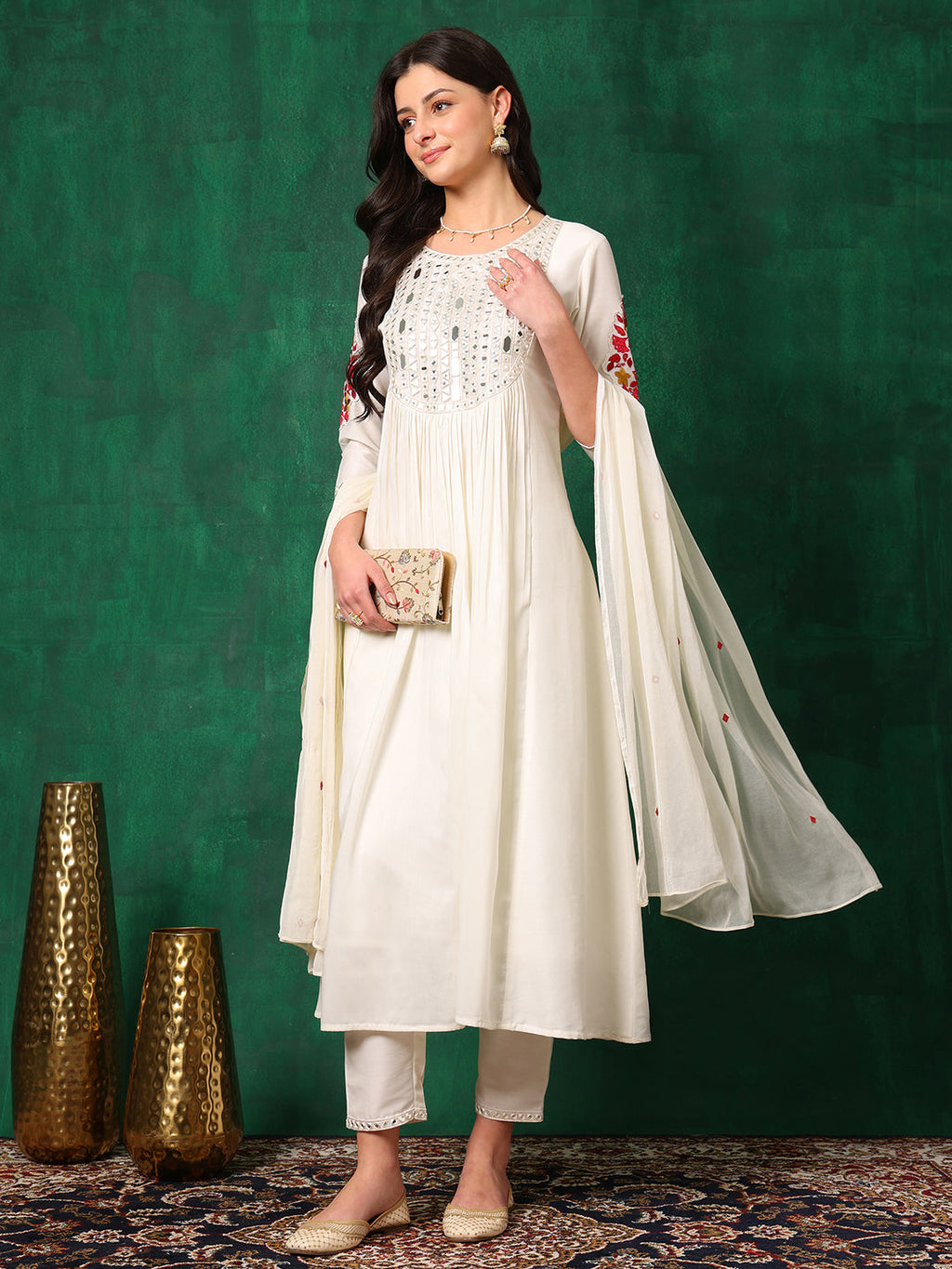 Mirror Embroidered Kurta With Pant & Embroidered Dupatta, White - Hiral Fashion | Grocsy
