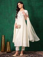 Mirror Embroidered Kurta With Pant & Embroidered Dupatta, White - Hiral Fashion | Grocsy