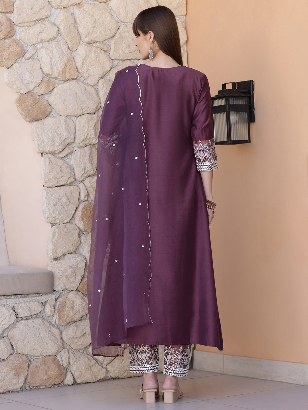 Mirror Embroidered Kurta With Pant & Embroidered Dupatta, Mauve - Hiral Fashion | Grocsy
