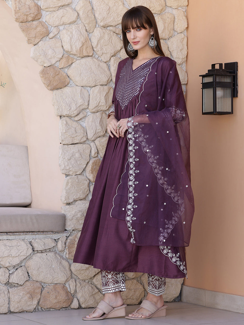 Mirror Embroidered Kurta With Pant & Embroidered Dupatta, Mauve - Hiral Fashion | Grocsy