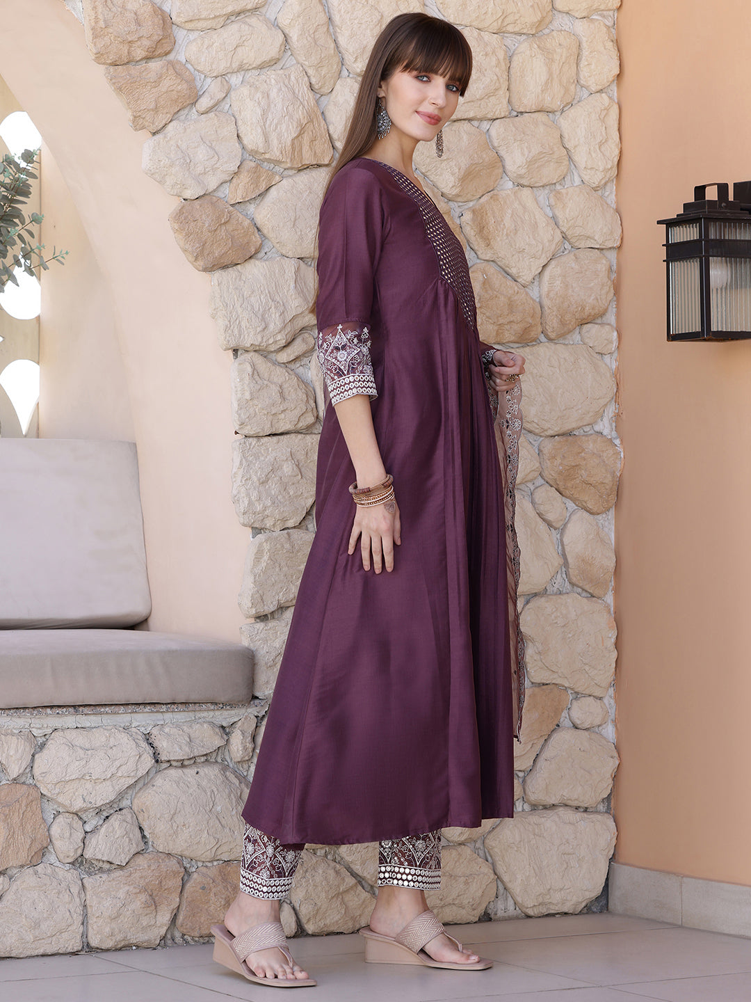 Mirror Embroidered Kurta With Pant & Embroidered Dupatta, Mauve - Hiral Fashion | Grocsy