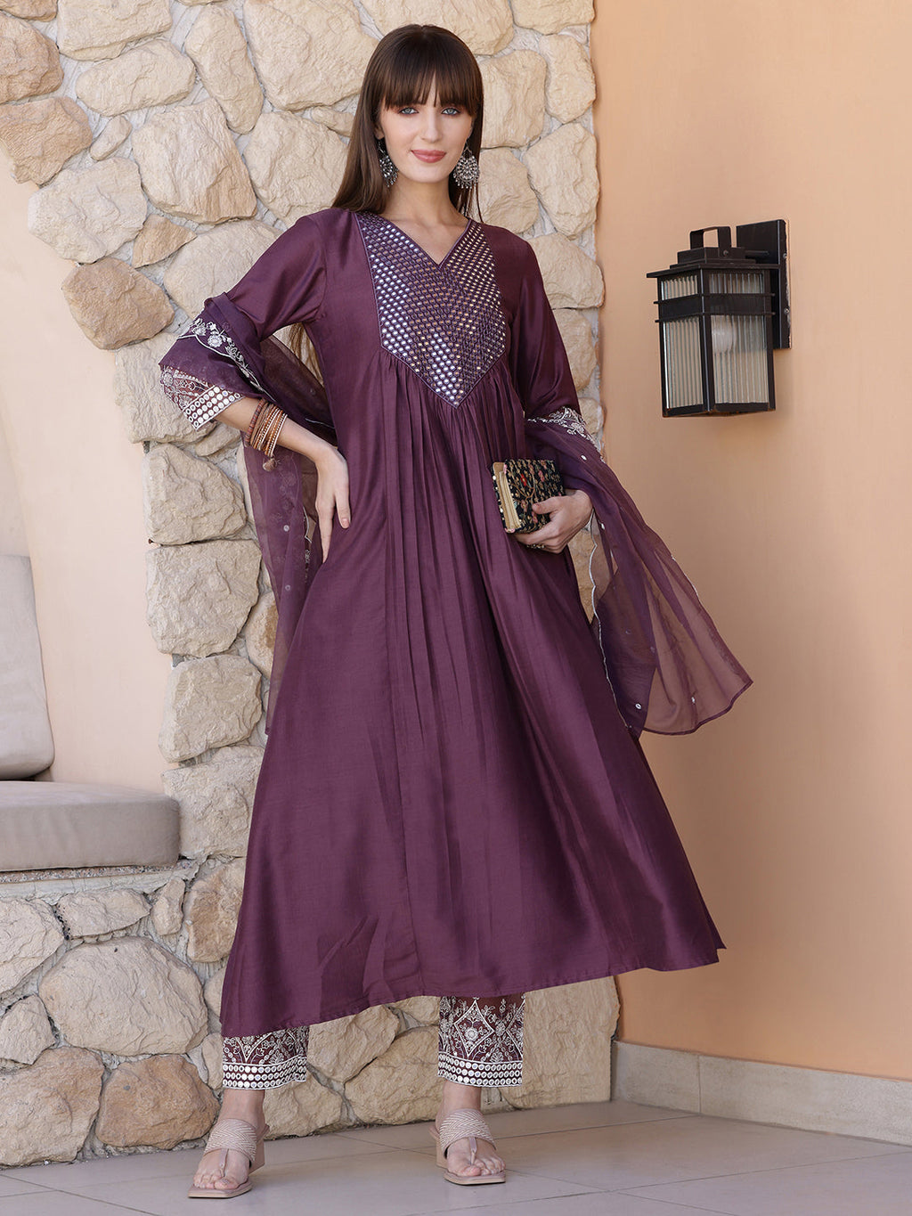 Mirror Embroidered Kurta With Pant & Embroidered Dupatta, Mauve - Hiral Fashion | Grocsy
