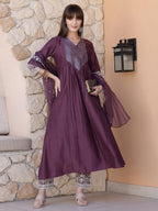 Mirror Embroidered Kurta With Pant & Embroidered Dupatta, Mauve - Hiral Fashion | Grocsy