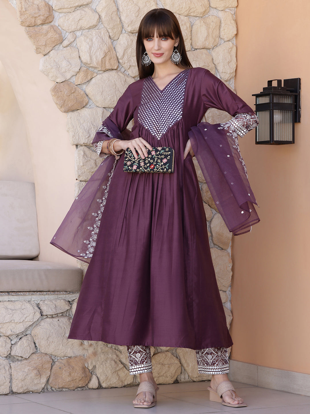 Mirror Embroidered Kurta With Pant & Embroidered Dupatta, Mauve - Hiral Fashion | Grocsy