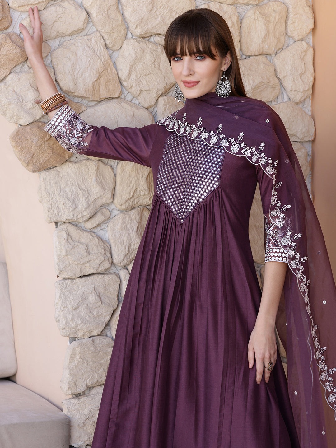 Mirror Embroidered Kurta With Pant & Embroidered Dupatta, Mauve - Hiral Fashion | Grocsy
