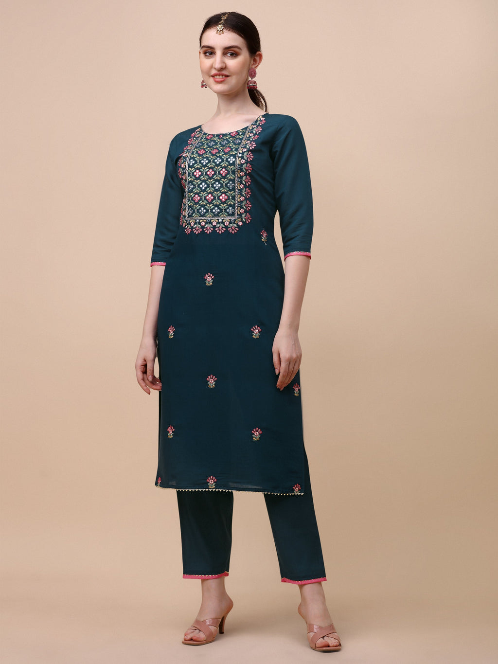 Mirror Embroidered Kurta With Pant & Dupatta Set, Multicolor - Hiral Fashion | Grocsy