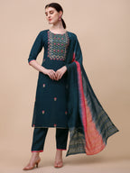 Mirror Embroidered Kurta With Pant & Dupatta Set, Multicolor - Hiral Fashion | Grocsy