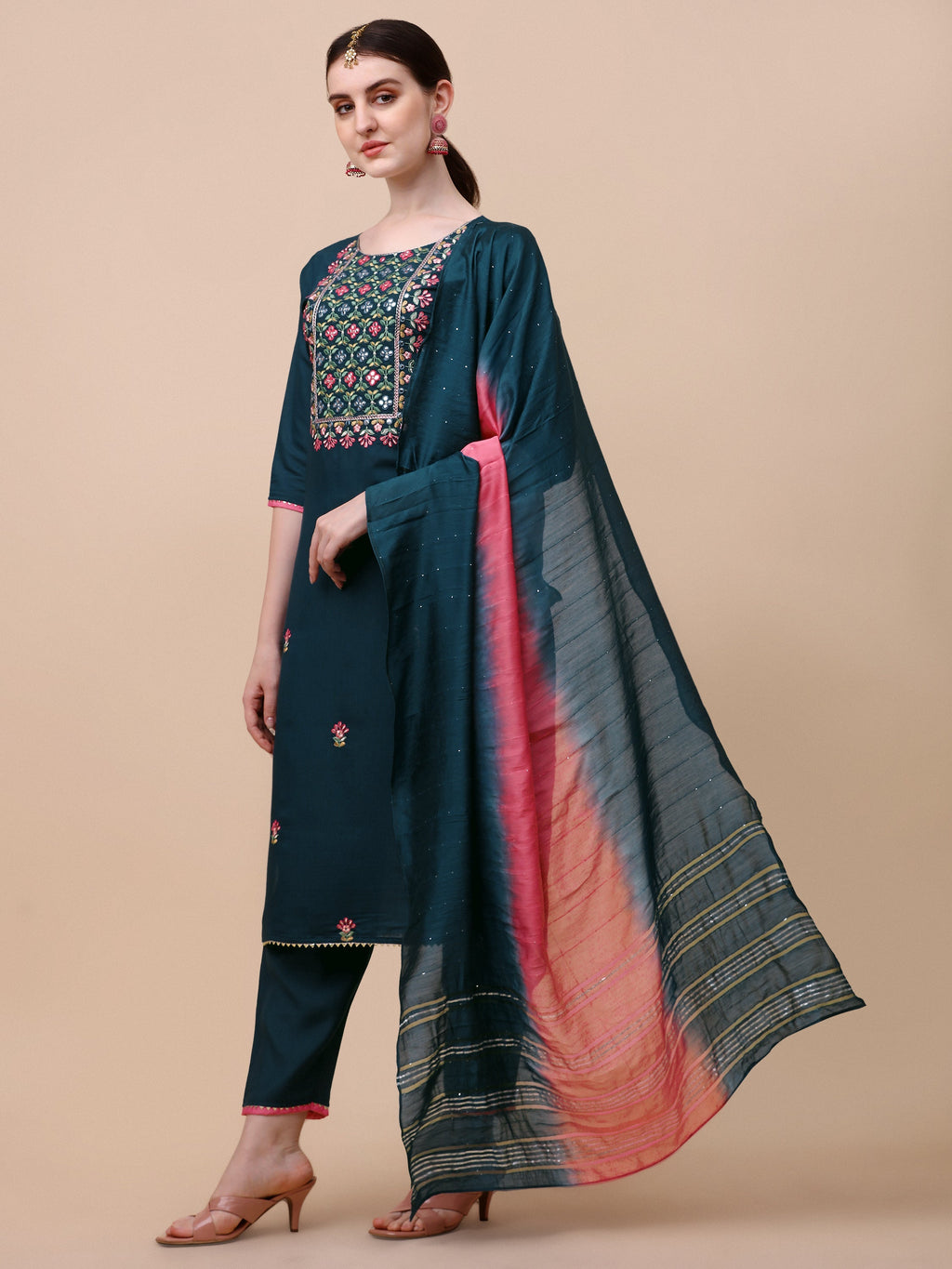 Mirror Embroidered Kurta With Pant & Dupatta Set, Multicolor - Hiral Fashion | Grocsy