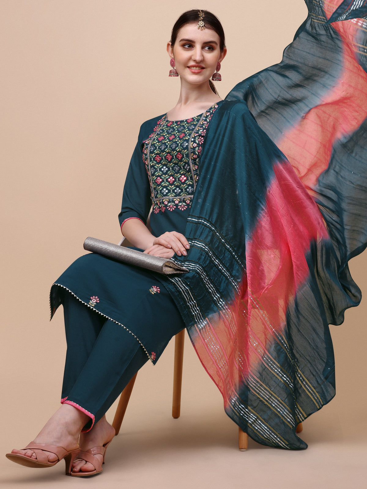 Mirror Embroidered Kurta With Pant & Dupatta Set, Multicolor - Hiral Fashion | Grocsy