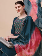 Mirror Embroidered Kurta With Pant & Dupatta Set, Multicolor - Hiral Fashion | Grocsy