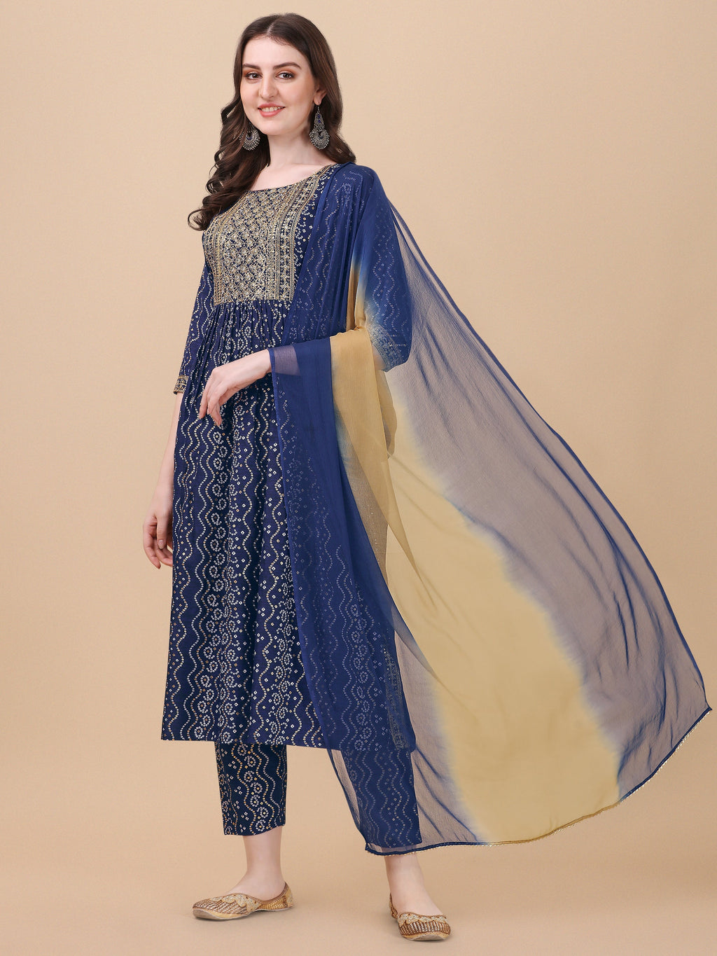 Nayra Cut Bandhani Printed & Embroidered Kurta With Pant & Dupatta Set, Multicolor - Hiral Fashion | Grocsy