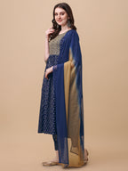 Nayra Cut Bandhani Printed & Embroidered Kurta With Pant & Dupatta Set, Multicolor - Hiral Fashion | Grocsy