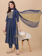 Nayra Cut Bandhani Printed & Embroidered Kurta With Pant & Dupatta Set, Multicolor - Hiral Fashion | Grocsy