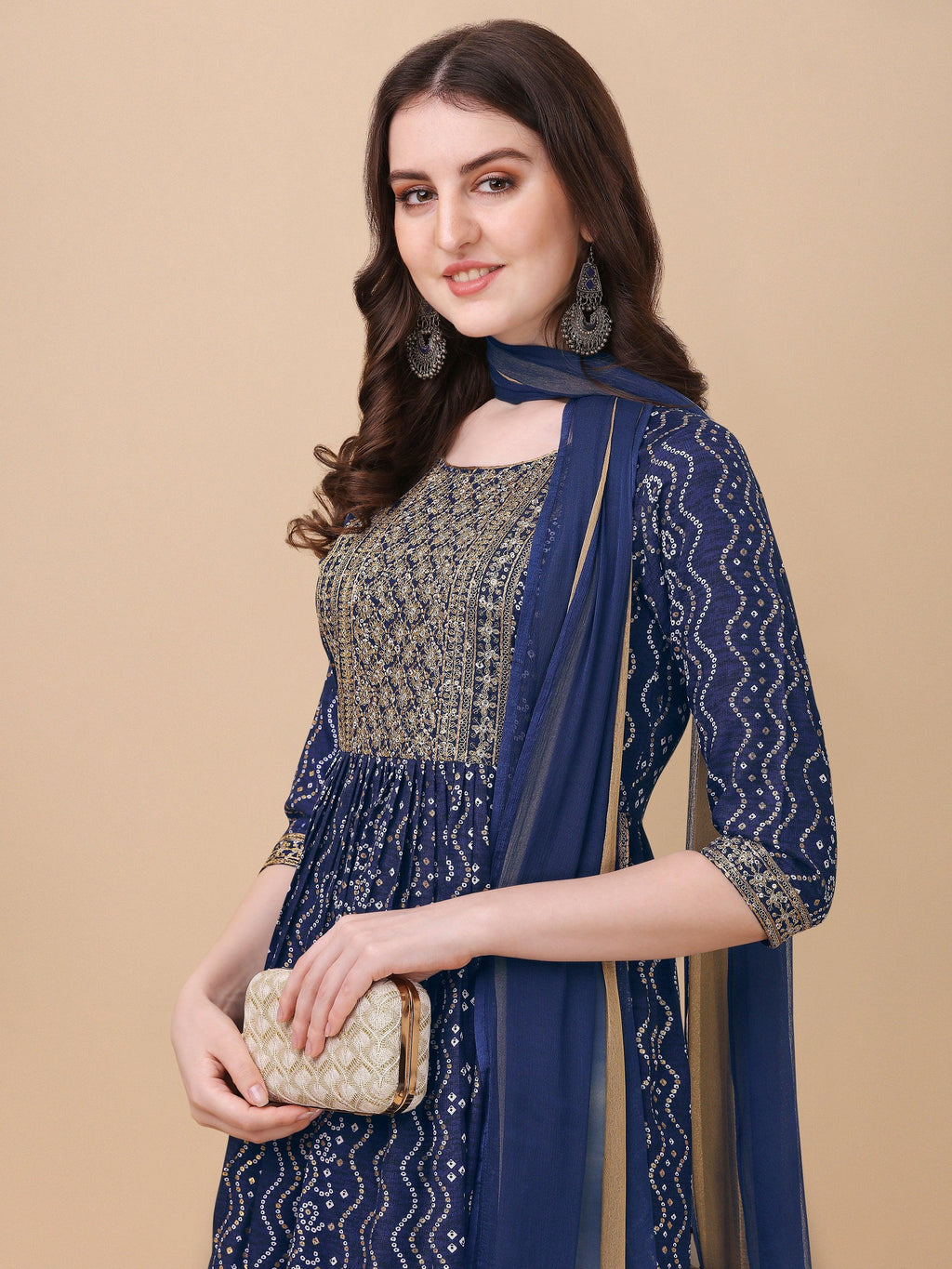 Nayra Cut Bandhani Printed & Embroidered Kurta With Pant & Dupatta Set, Multicolor - Hiral Fashion | Grocsy