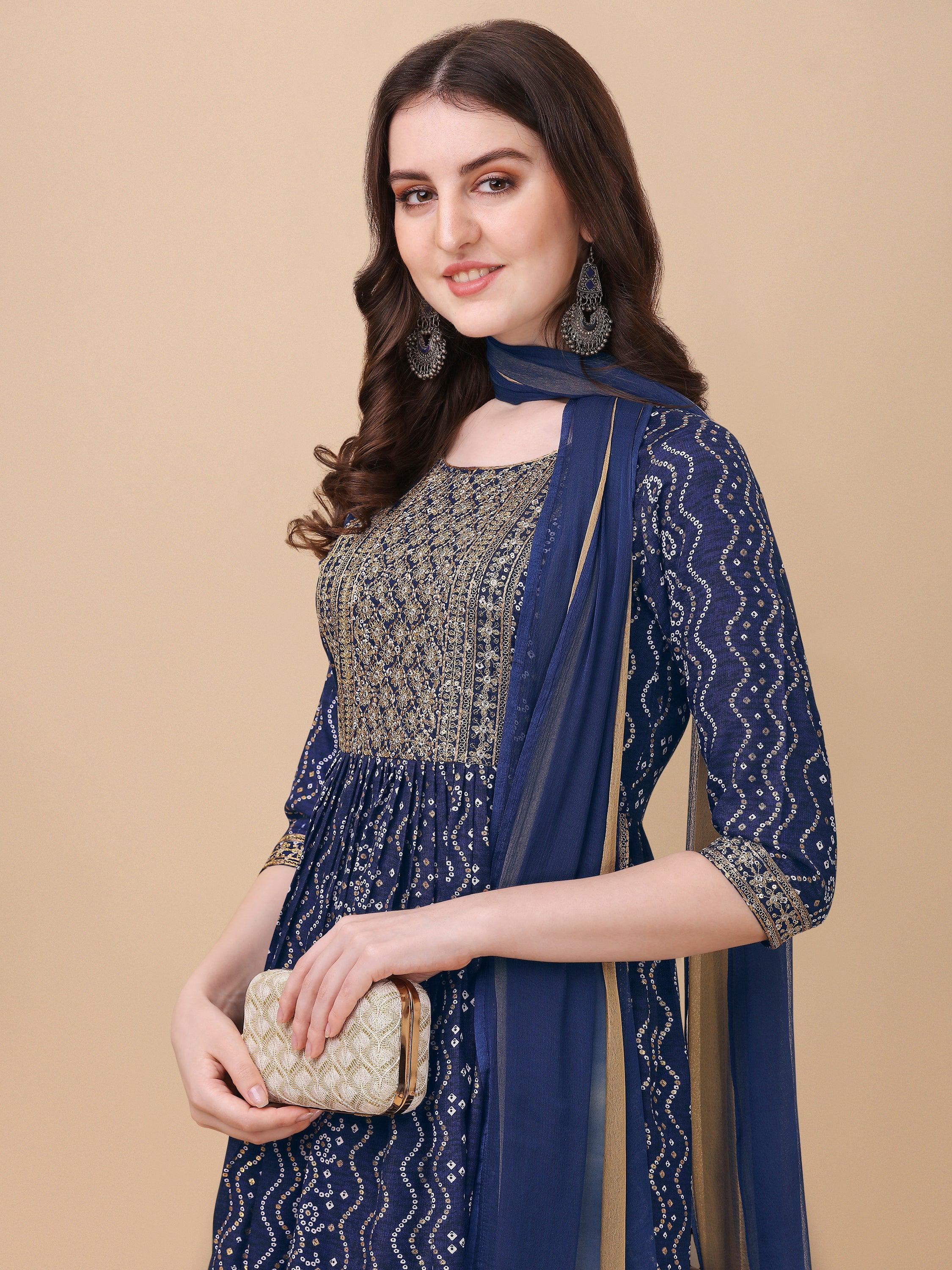 Nayra Cut Bandhani Printed & Embroidered Kurta With Pant & Dupatta Set, Multicolor - Hiral Fashion | Grocsy