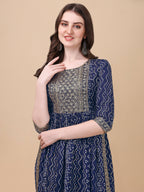 Nayra Cut Bandhani Printed & Embroidered Kurta With Pant & Dupatta Set, Multicolor - Hiral Fashion | Grocsy