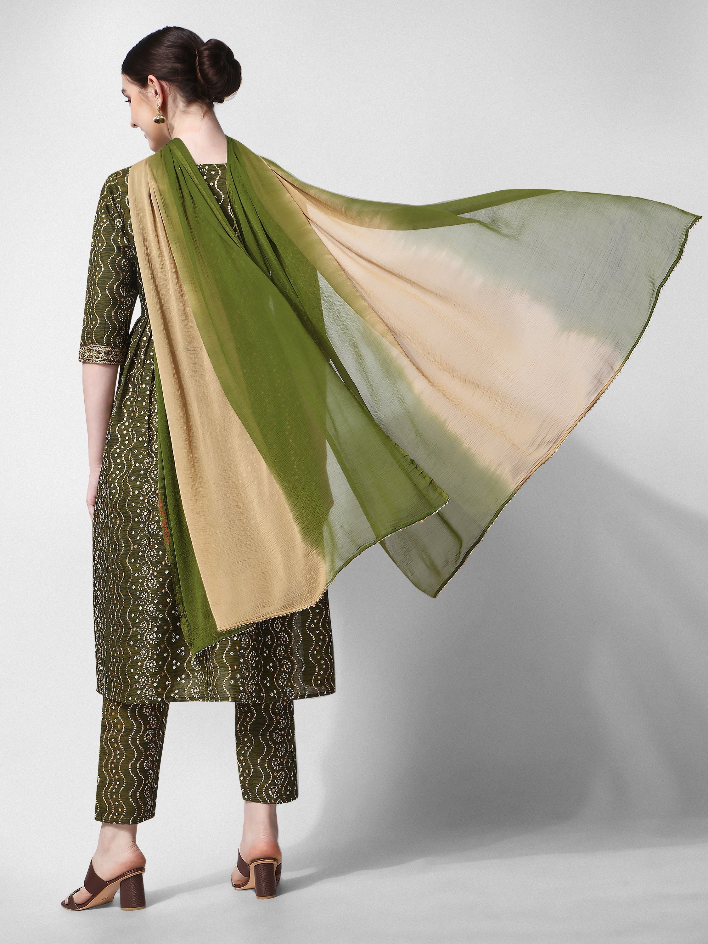 Nayra Cut Bandhani Printed & Embroidered Green Kurta With Pant & Dupatta Set, Multicolor - Hiral Fashion | Grocsy