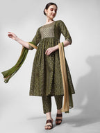 Nayra Cut Bandhani Printed & Embroidered Green Kurta With Pant & Dupatta Set, Multicolor - Hiral Fashion | Grocsy