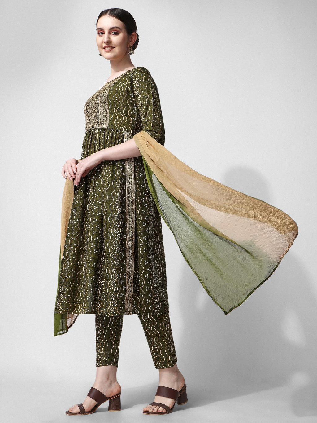Nayra Cut Bandhani Printed & Embroidered Green Kurta With Pant & Dupatta Set, Multicolor - Hiral Fashion | Grocsy