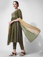 Nayra Cut Bandhani Printed & Embroidered Green Kurta With Pant & Dupatta Set, Multicolor - Hiral Fashion | Grocsy