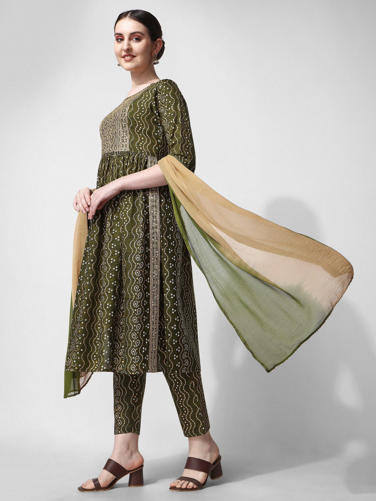Nayra Cut Bandhani Printed & Embroidered Green Kurta With Pant & Dupatta Set, Multicolor - Hiral Fashion | Grocsy