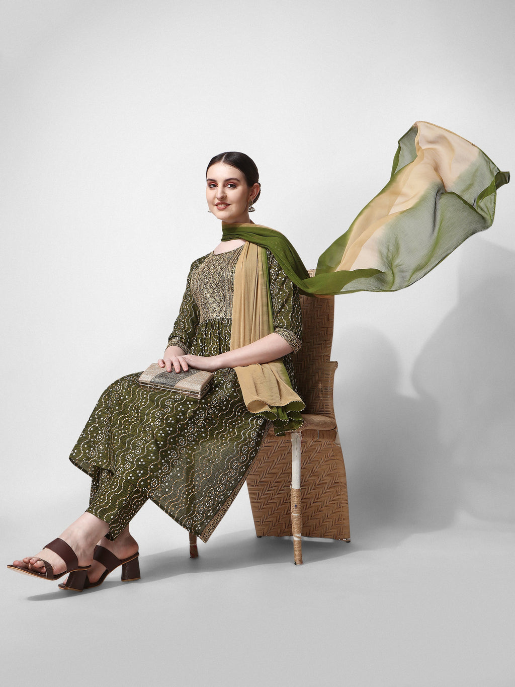 Nayra Cut Bandhani Printed & Embroidered Green Kurta With Pant & Dupatta Set, Multicolor - Hiral Fashion | Grocsy