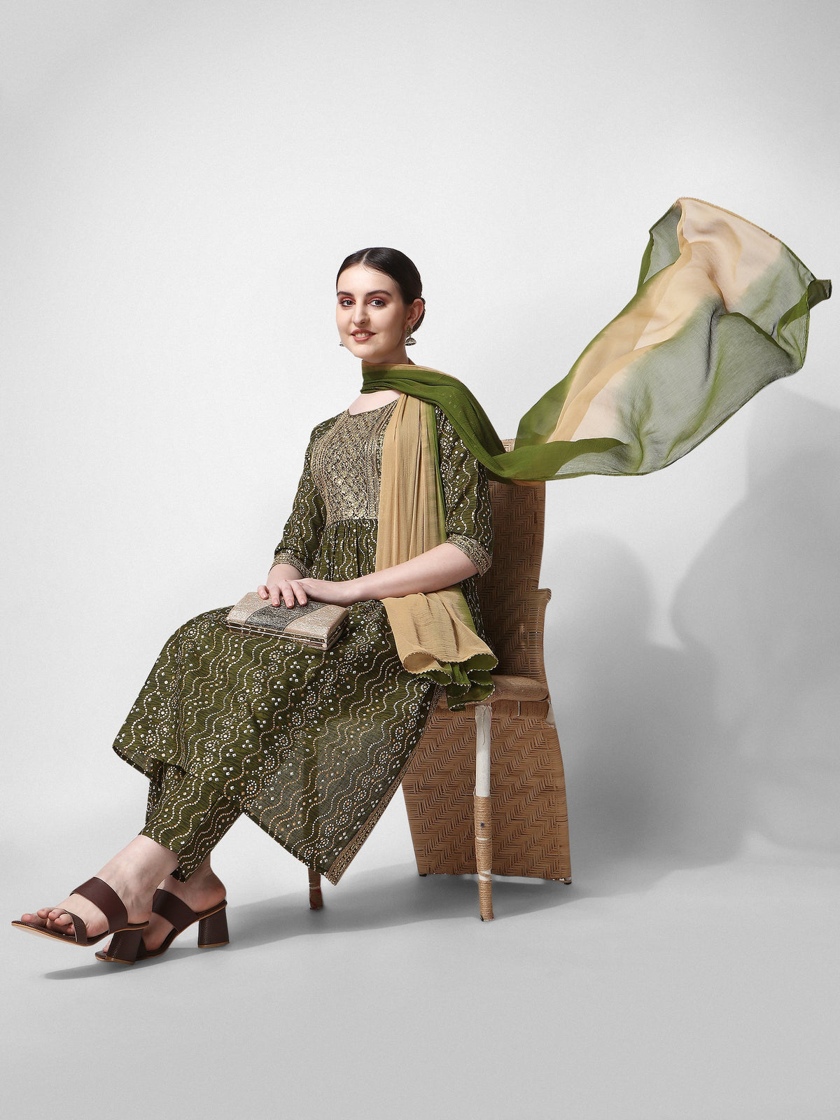 Nayra Cut Bandhani Printed & Embroidered Green Kurta With Pant & Dupatta Set, Multicolor - Hiral Fashion | Grocsy