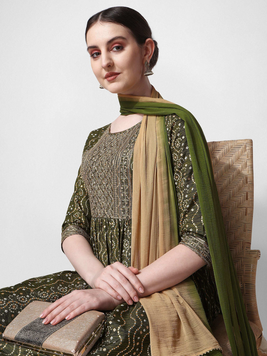 Nayra Cut Bandhani Printed & Embroidered Green Kurta With Pant & Dupatta Set, Multicolor - Hiral Fashion | Grocsy