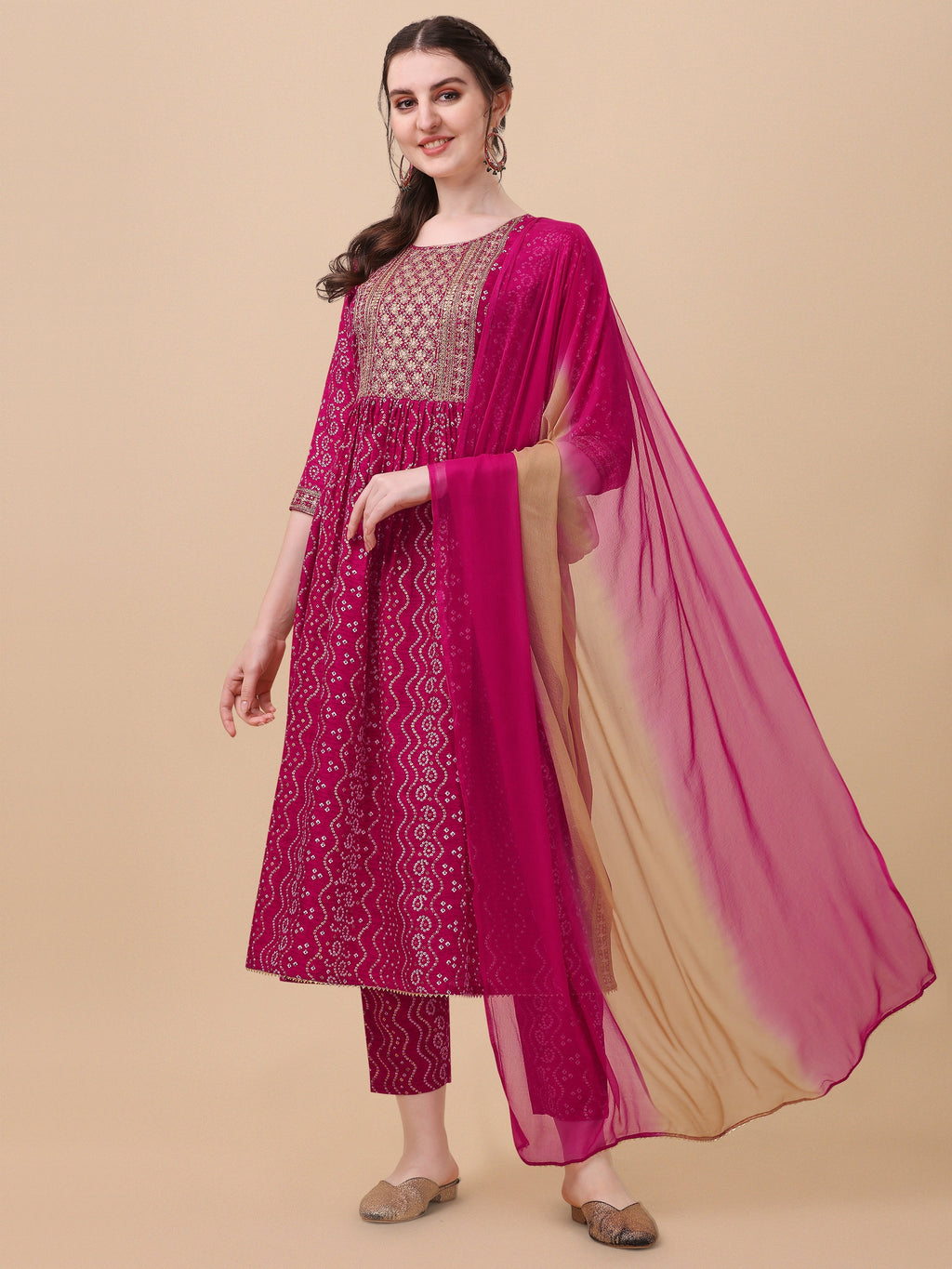 Nayra Cut Bandhani Printed & Embroidered Pink Kurta With Pant & Dupatta Set, Multicolor - Hiral Fashion | Grocsy
